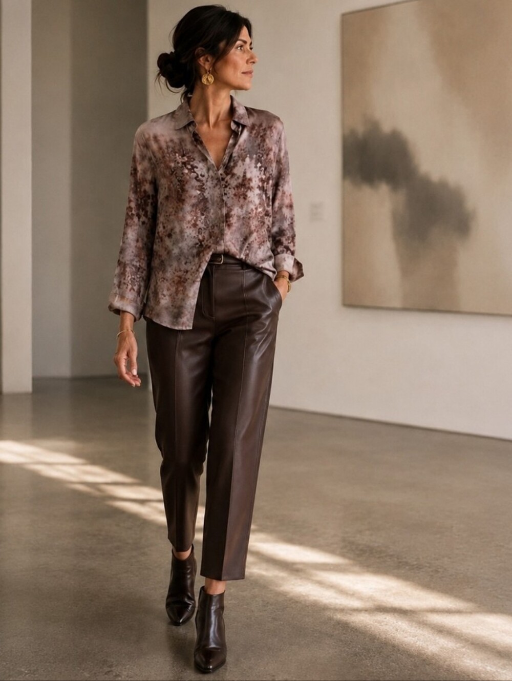 Basler 100 Viscose Abstract Print Blouse Large Taupe Brown Button Front European